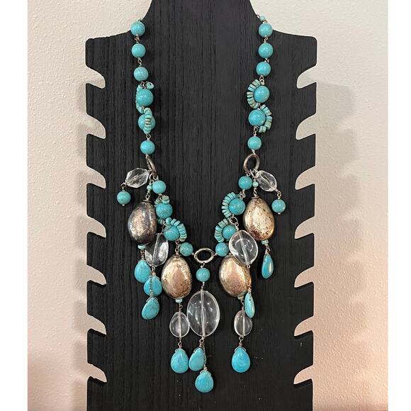 Chico’s Turquoise Statement Necklace Boho Southwestern Mixed Bead Silver Tone - Picture 2 of 9